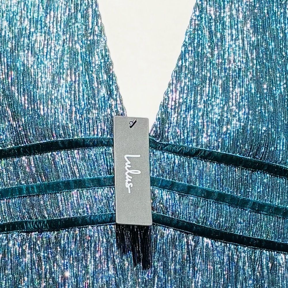 Lulus NWT Teal Metallic Pleated V-Neck Empire Waist Party Dress XL - Picture 2 of 12